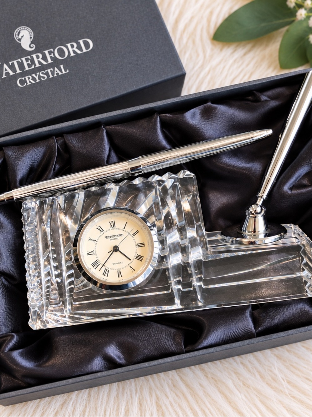 Vintage Waterford Crystal Clear Crystal Desk Clock with Silver Pen Set